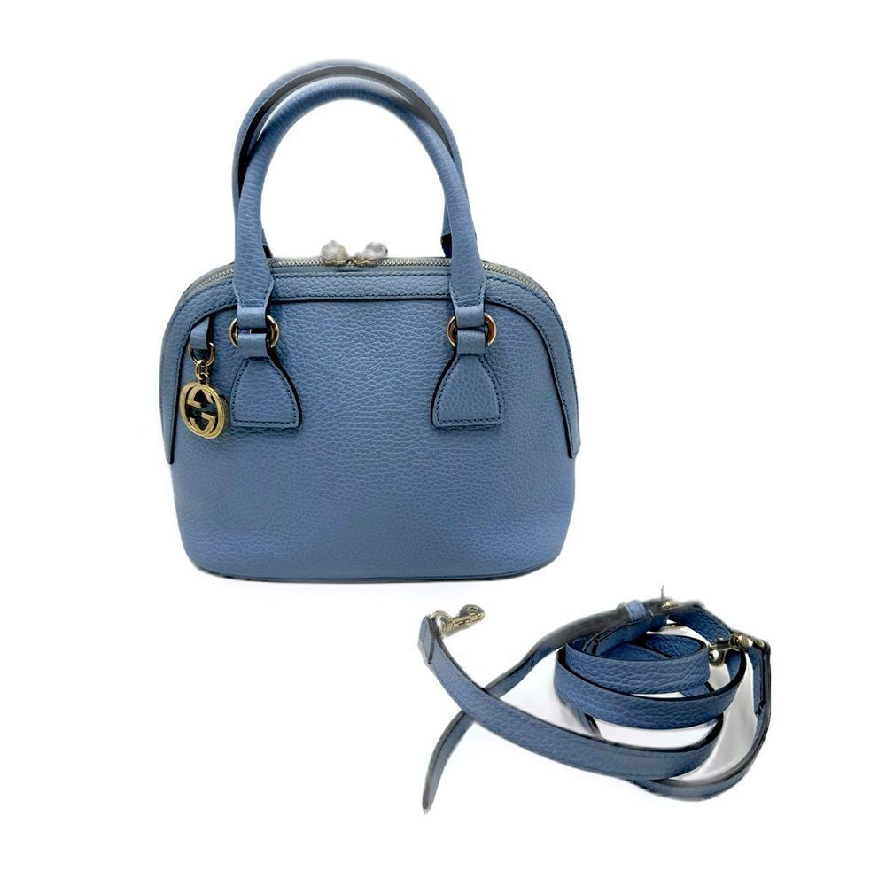 Auth Gucci Small Dollar Calfskin Dome Mineral Blue 2way GG Charm Bag Satchel